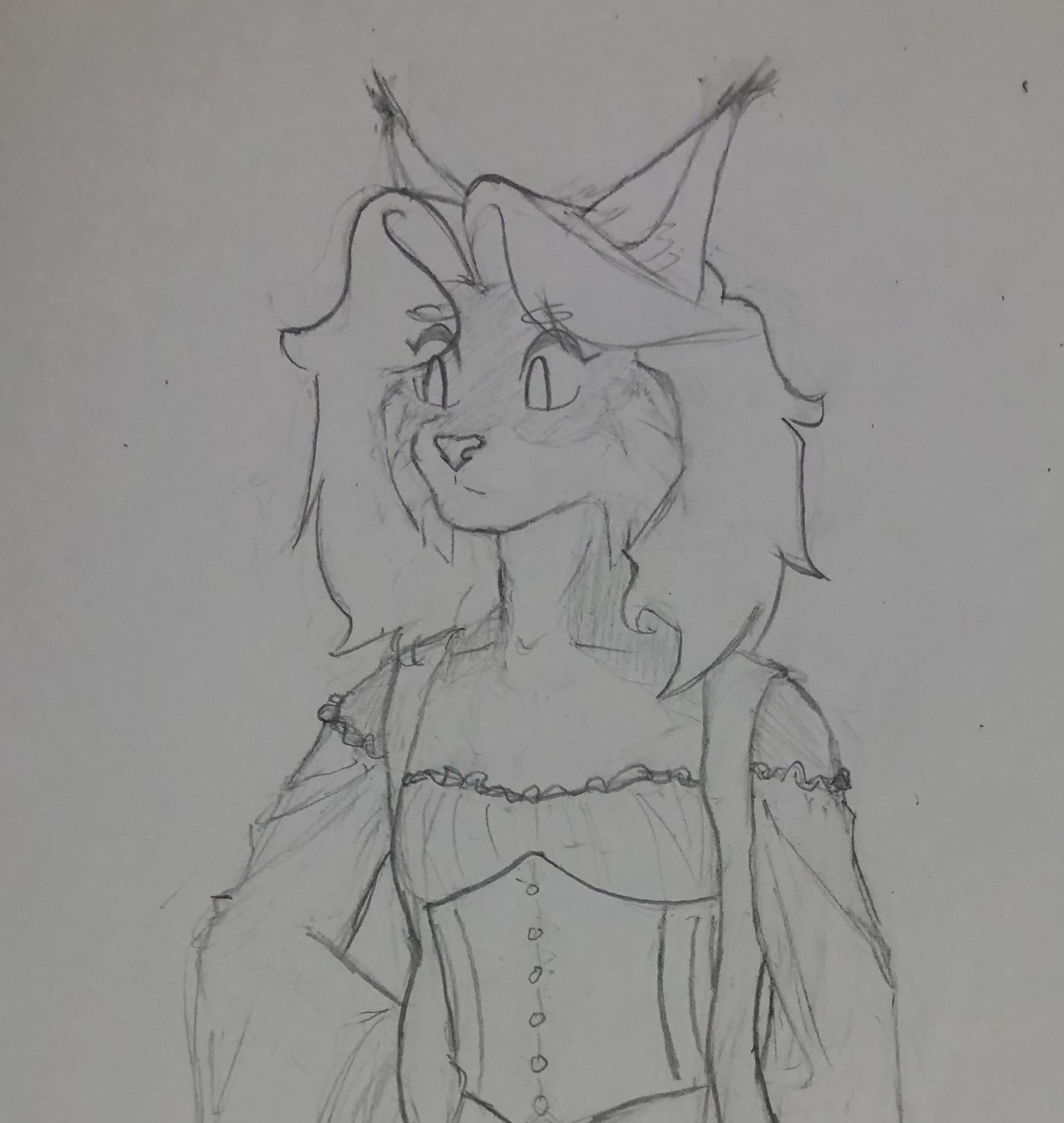 Rudy in a femme pirate outfit, wearing a corset over a blouse cut off at the shoulders.